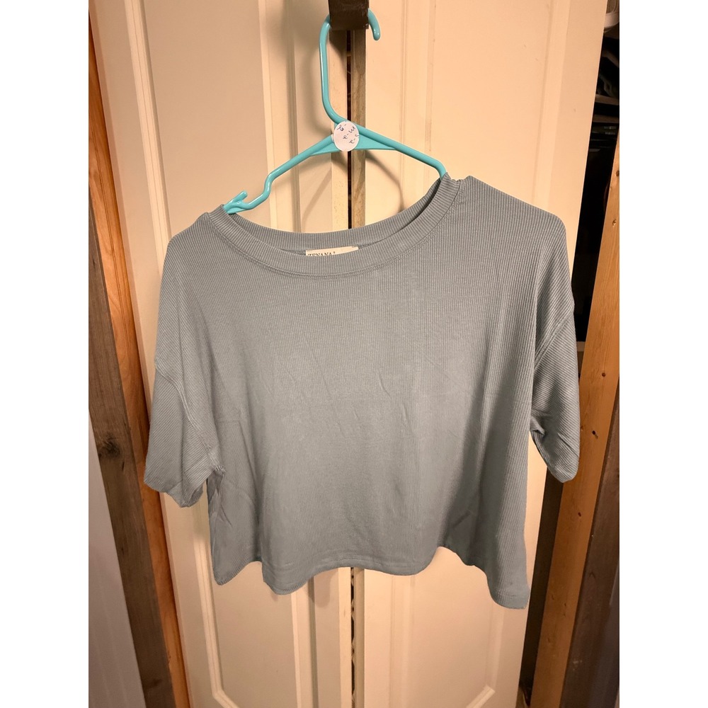 Zenana Ribbed Knit Crop Top Short Sleeve Crew Neck Blue Size Medium